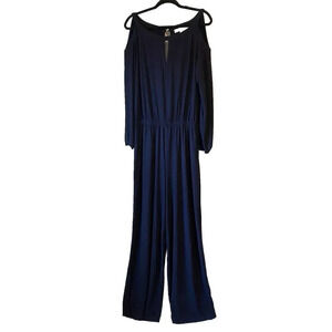 Emma & Michele XL Liquid Knit Navy Blue Wide Leg JumpSuit Cold Shoulder Stretchy